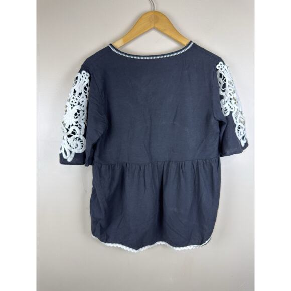 Zara Black Peplum Top Size Small White Embroidered Lace Short Sleeve Blouse - Picture 7 of 13